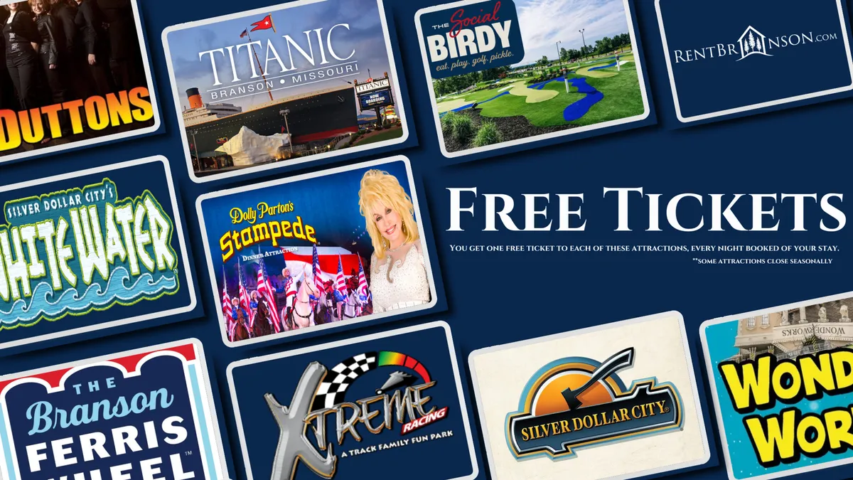 A close-up of promotional attraction tickets, featuring names and images of local attractions like the Titanic exhibit and Dolly Parton's Stampede. The setup evokes excitement for local adventures and outing opportunities beyond the property.